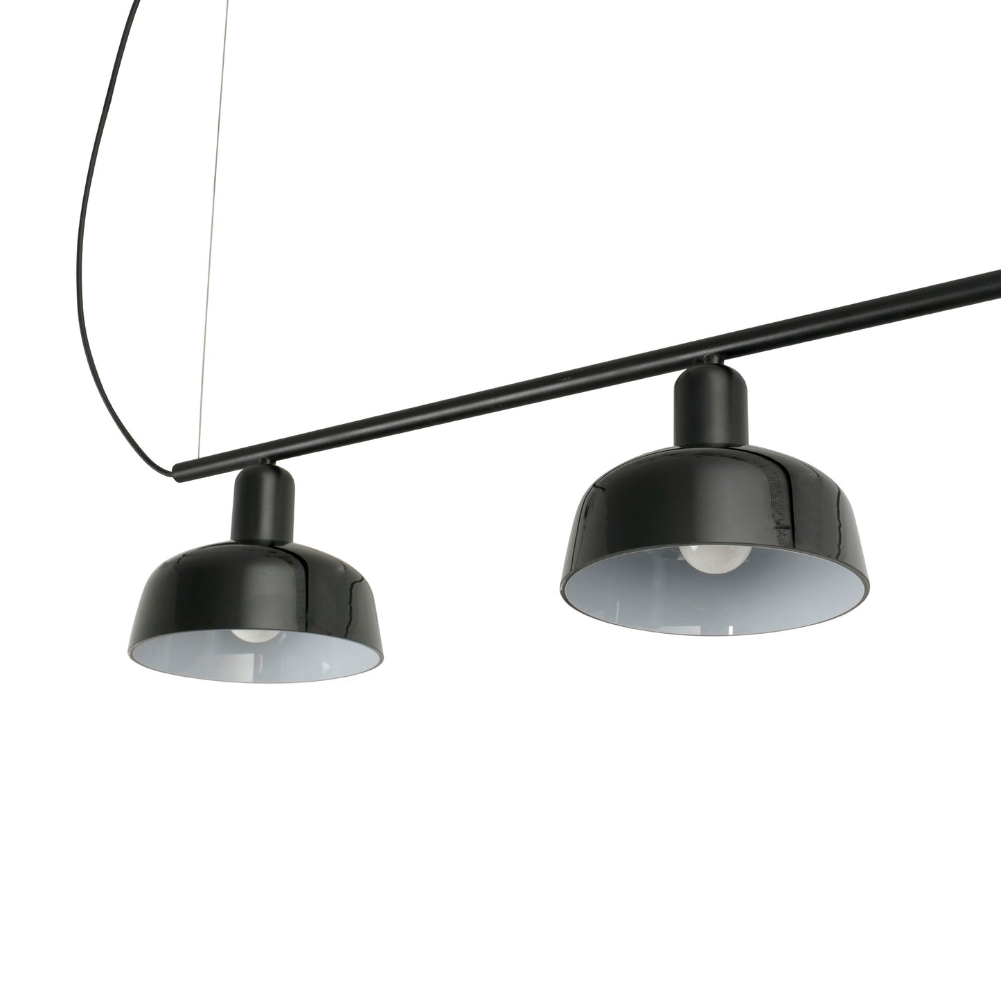Close up of shades on Faro Barcelona Tatawin small 3 light linear pendant in Black