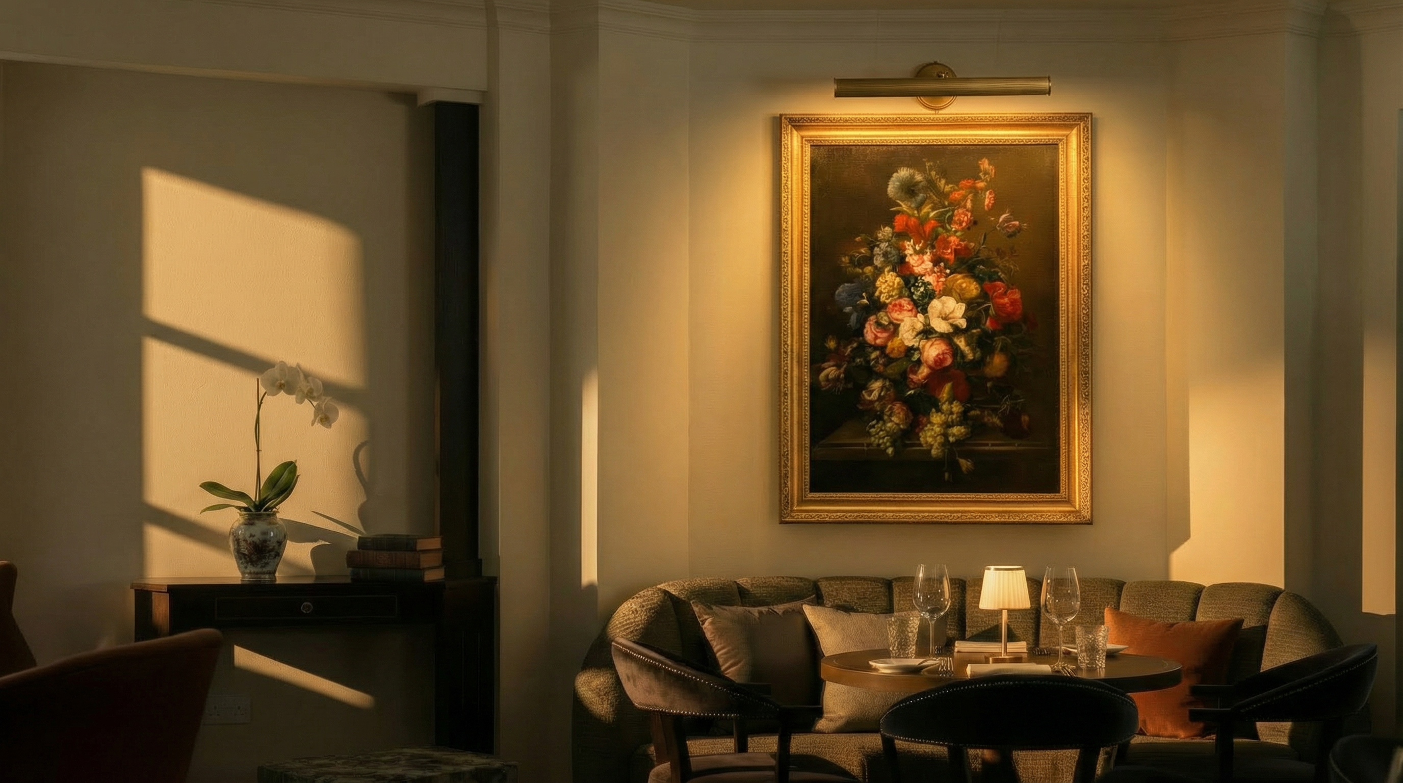 Dining room with a large floral painting on the wall, dimly lit.